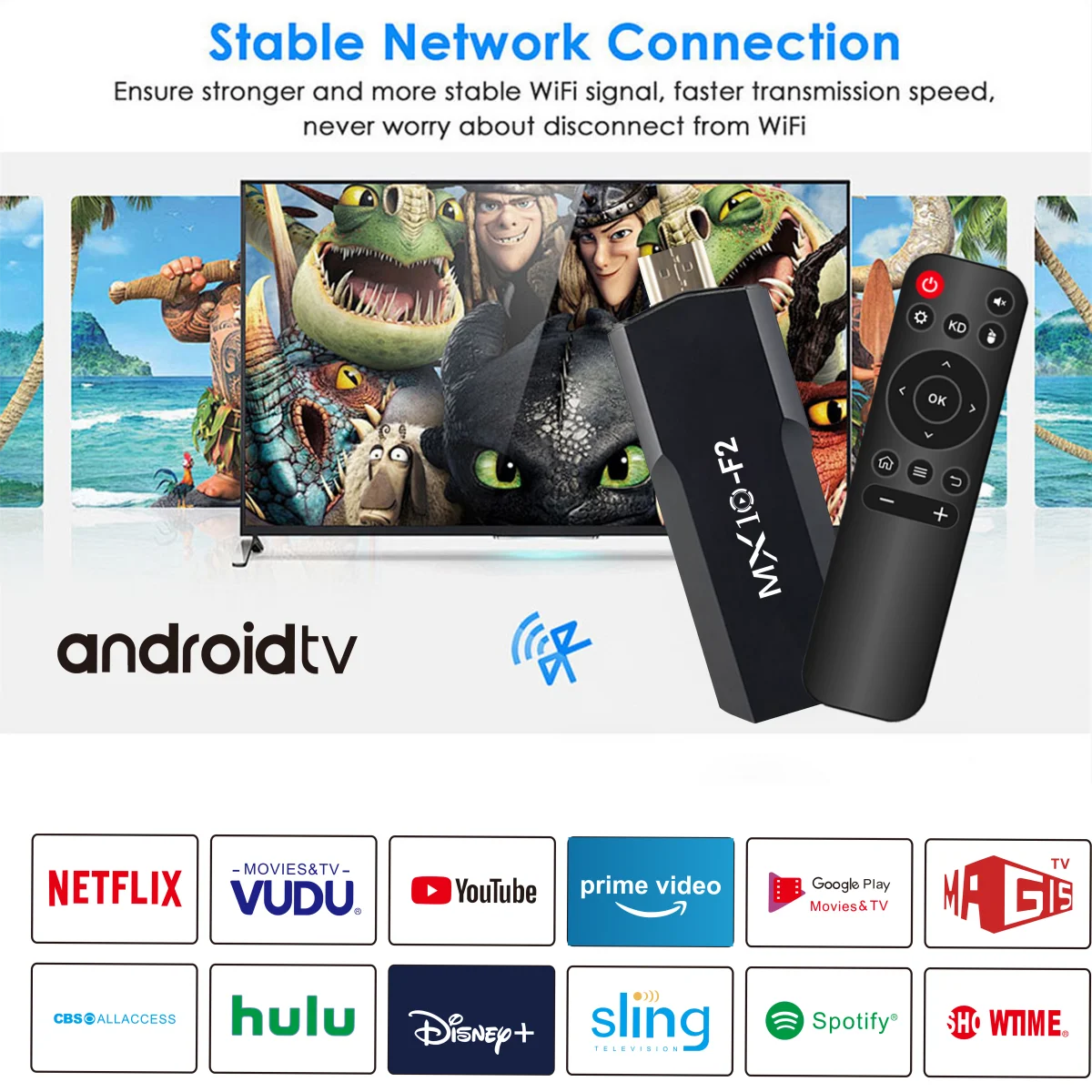 TV Stick Android MX10 F2 – 1 Go RAM / 8 Go ROM – 4K – Android 2024 – HDMI – Version EU