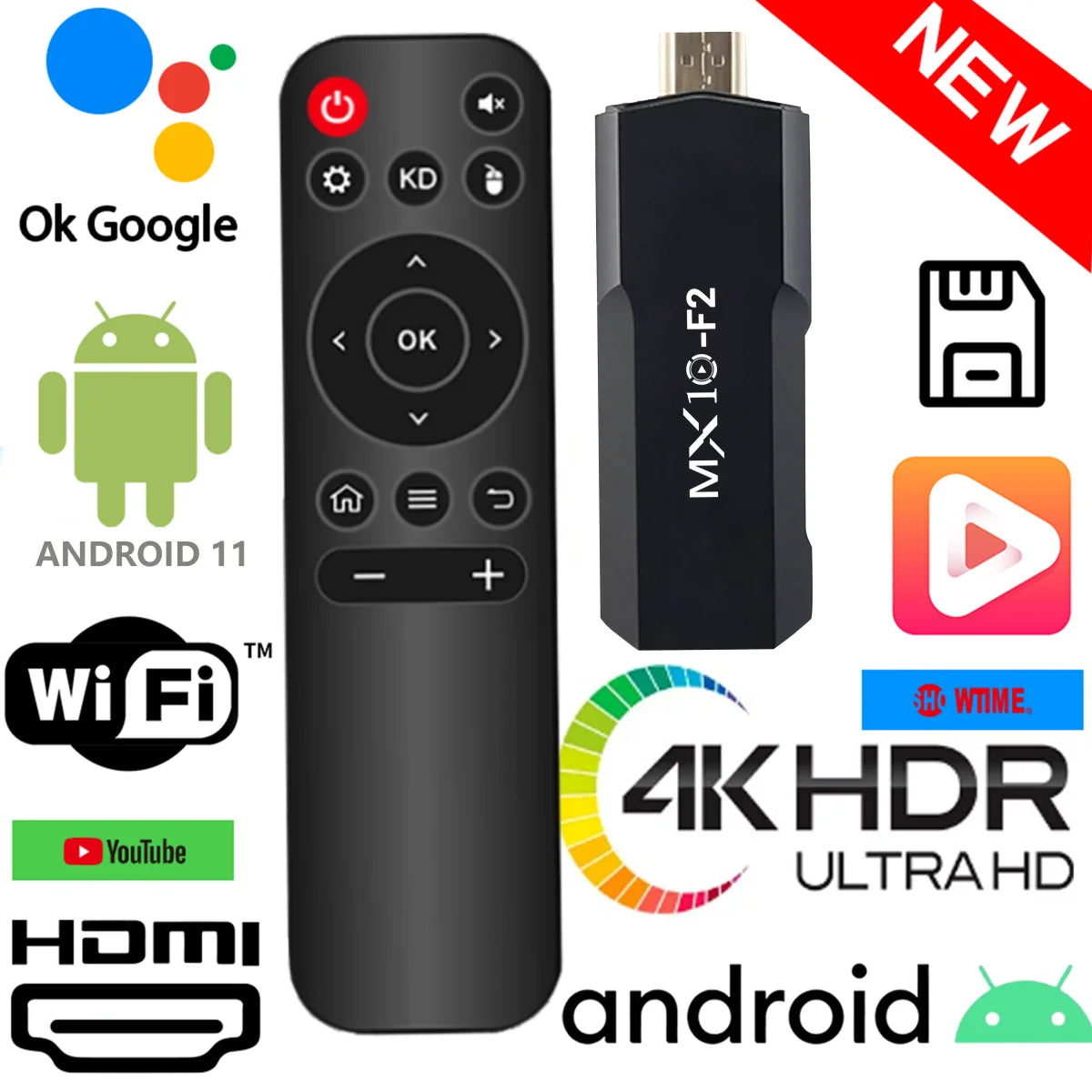 TV Stick Android MX10 F2 – 1 Go RAM / 8 Go ROM – 4K – Android 2024 – HDMI – Version EU