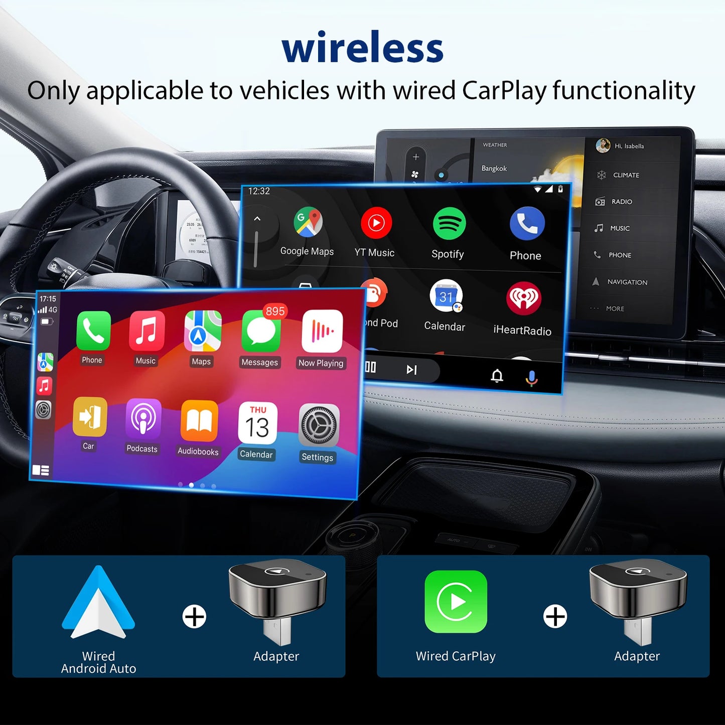 Adaptateur CarPlay Sans Fil 2-en-1 – Conversion Filaire vers Sans Fil